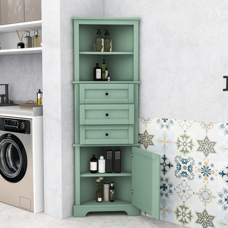 Triangle Bathroom Corner Cabinet with Adjustable Shelves, Triangle Drawers and Enclosed Storage, Green