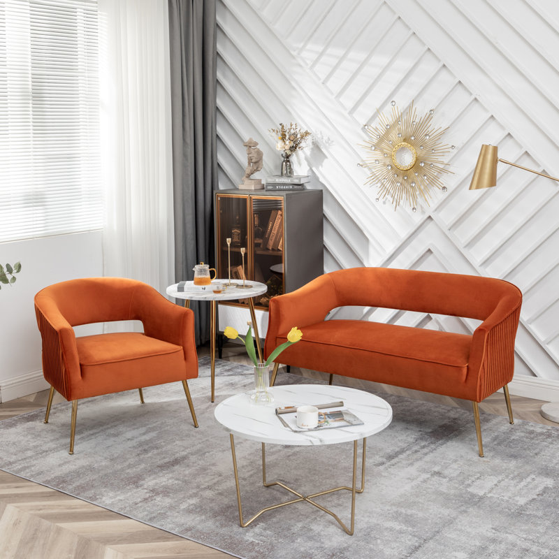 Ensemble de salon en velours 2 pièces Chynna, Velours orange