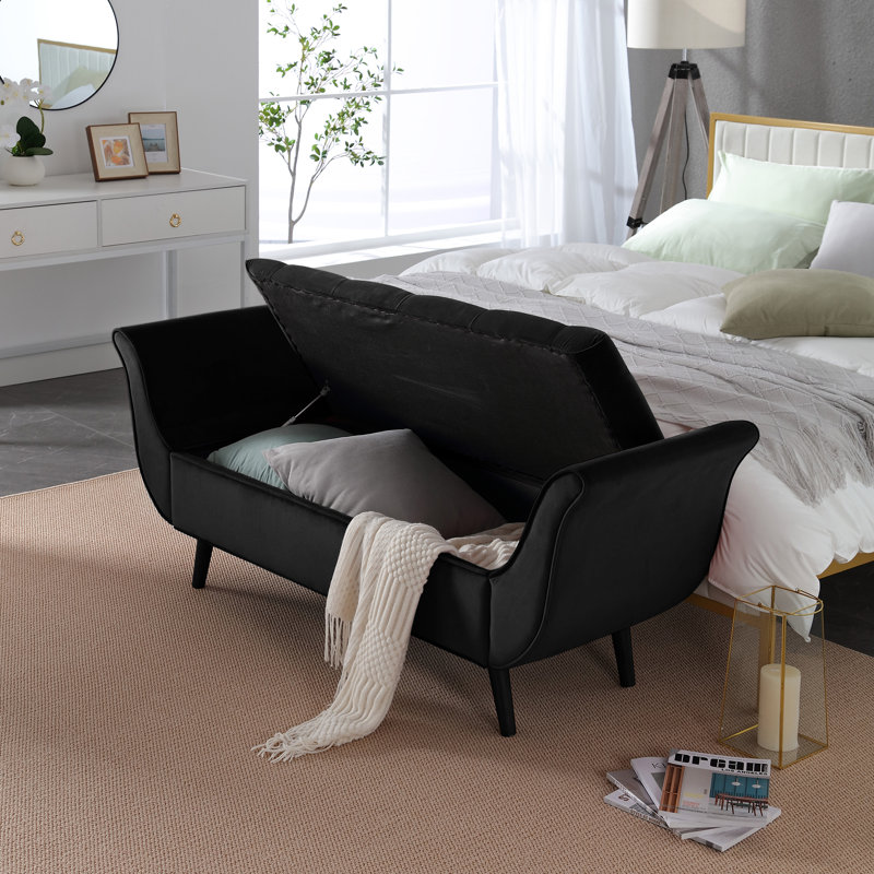 Velvet Upholstered Storage Bench, Black