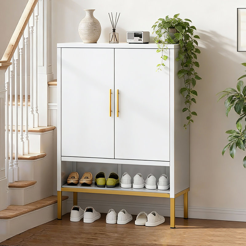 40'' Tall Narrow Metal Shoe Cabinet With 2 Doors, 7-Tier Hidden Shoe Organizer For Entryway, Adjustable Shelves, White | Gift Idea