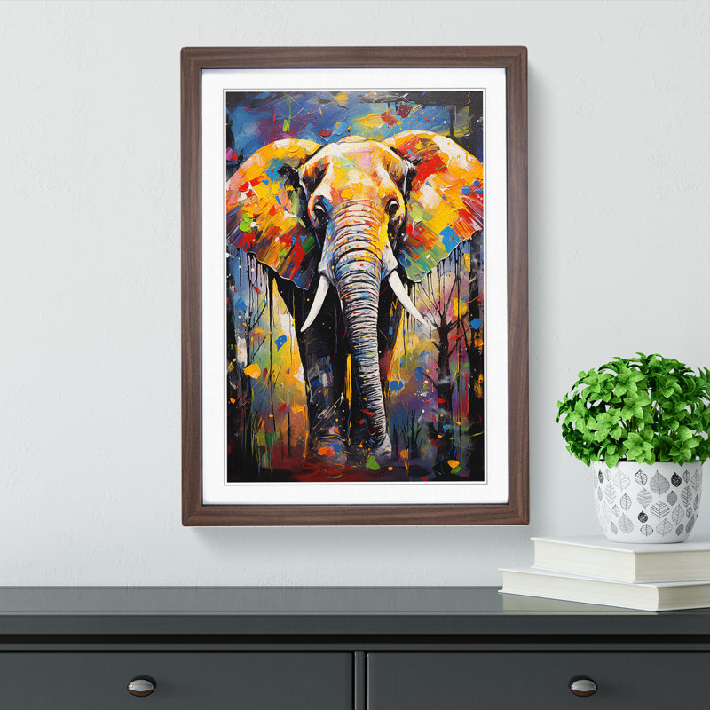 Elephant Expressionism No.3 - Single Picture Frame Print on Wood, Walnut, 46cm H x 34cm W x 2cm D