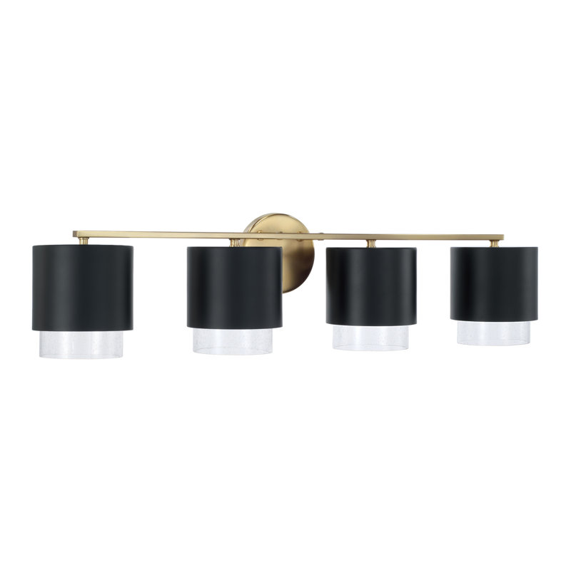 33.50"W x 8.25"H 4-Light Cylindrical Metal Vanity and Seeded Glass, Matte Brass/Black