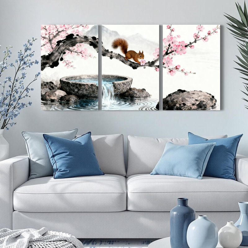 Tableau sur toile tendue représentant un écureuil en fleurs de cerisier et une cascade, style traditionnel de l'Asie de l'Est (lot de 3)