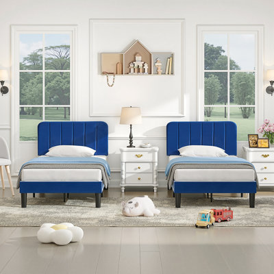 Bedias Set of 2 Twin Upholstered Platform Bed, Velvet Bed Frame with Vertical Channel Adjustable Headboard, Wooden Slats Support, No Box Spring Needed, Noise Free, Blue