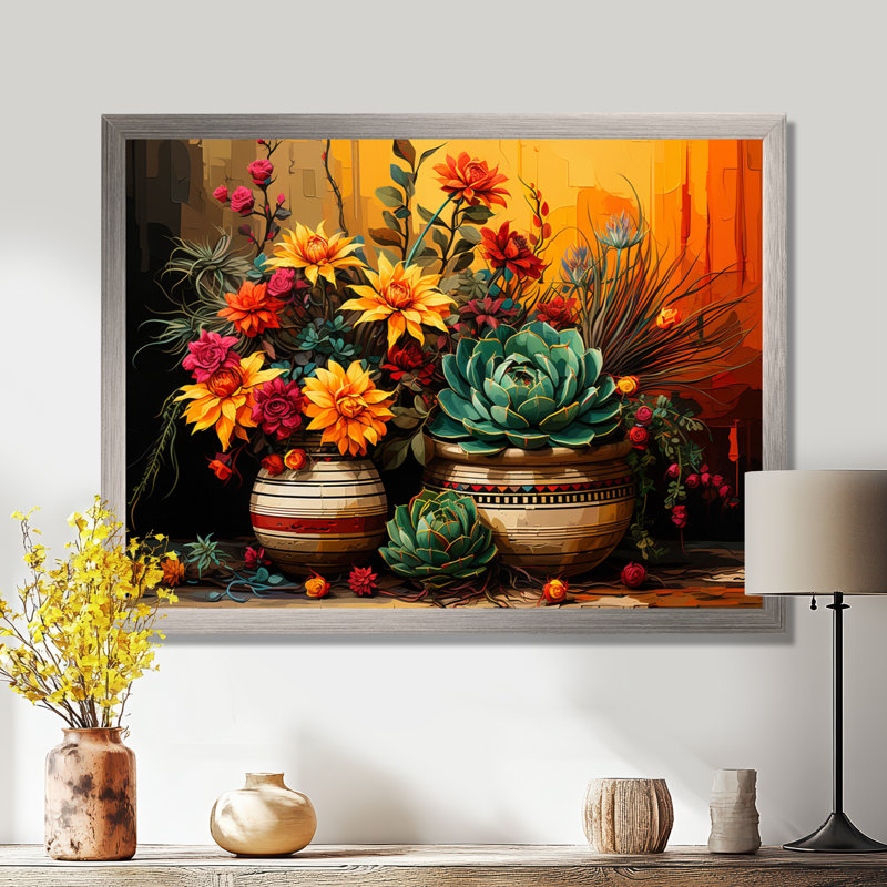 Boho, poterie florale mexicaine, Cadre de coin argenté fermé, H 24 po x l 32 po x P 1 po