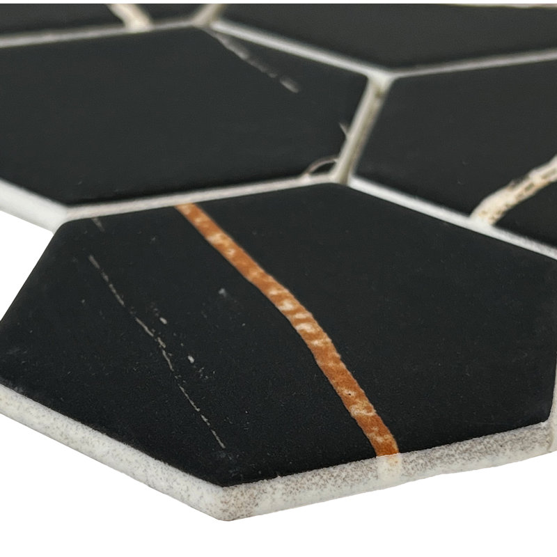 Vida Hex 12" x 11" Glass Mosaic Floor Use Tile, Black