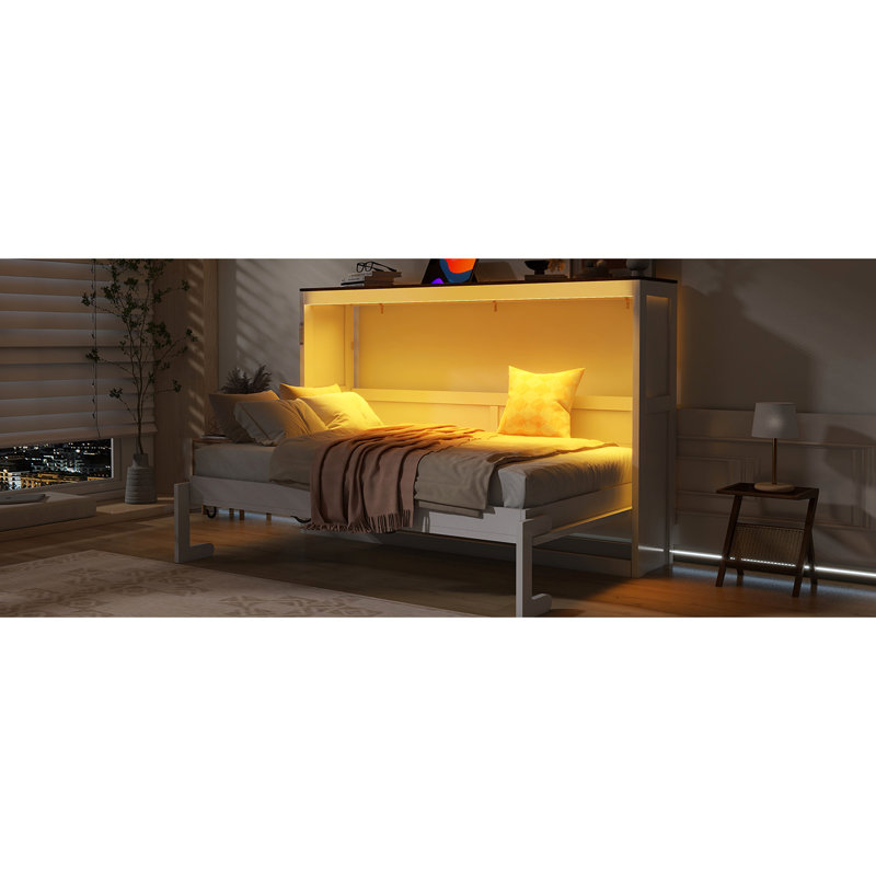 Lit mural simple blanc et brun avec éclairage à DEL, armoire pliable, bois massif, ouverture hydraulique lisse, idéal pour les espaces de travail à la maison dans les petites résidences, bois, système, dortoirs de bonne étude