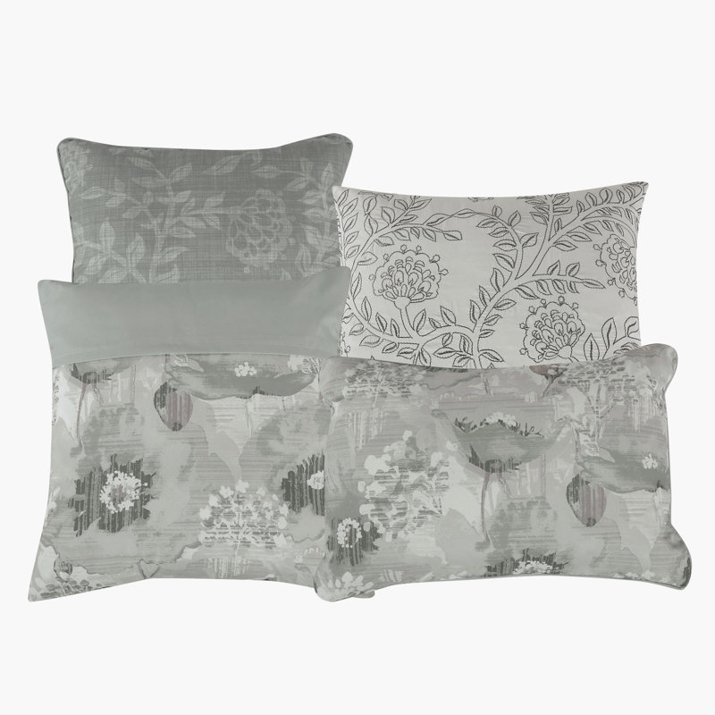 Ensemble d'édredon brodé et imprimé 7 pièces Elegant Botanical, en microfibre de polyester - comprend 1 édredon, 2 taies décoratives et 4 coussins décoratifs