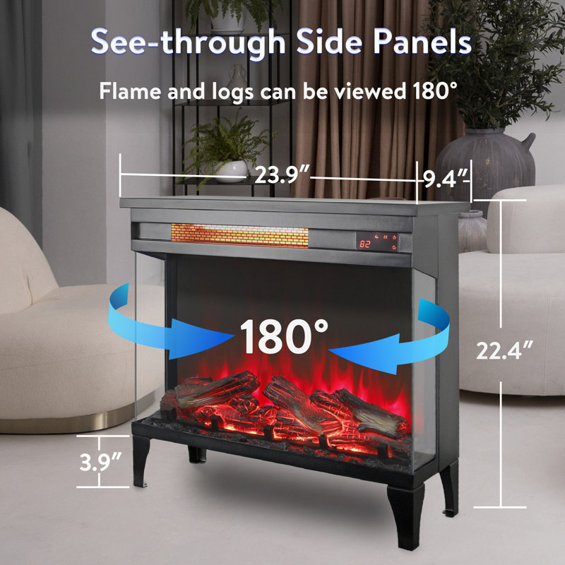 24 Inch Three Sided Glass Electric Fireplace - 5000 /H Heat, 11 Temperature Adjustments, 4 Flame Colours, 5 Brightness Levels, Infrared Quartz Heating, Freestanding, Easy To Install, Remote Control