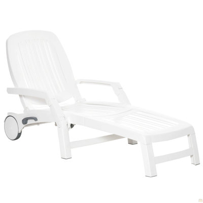 Outdoor Chaise Lounge Chair On Wheels With Storage Box, Waterproof Lounger With Quick Assembly, Folding Design, 5 Level Adjustable Backrest For Pool, Beach, Patio, Garden, White