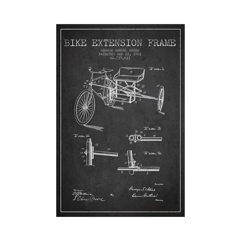 G.W. Akers Bike Extension Frame Patent Sketch (Charcoal) by Aged Pixel - Wrapped Canvas Gallery-Wrapped Canvas Giclée