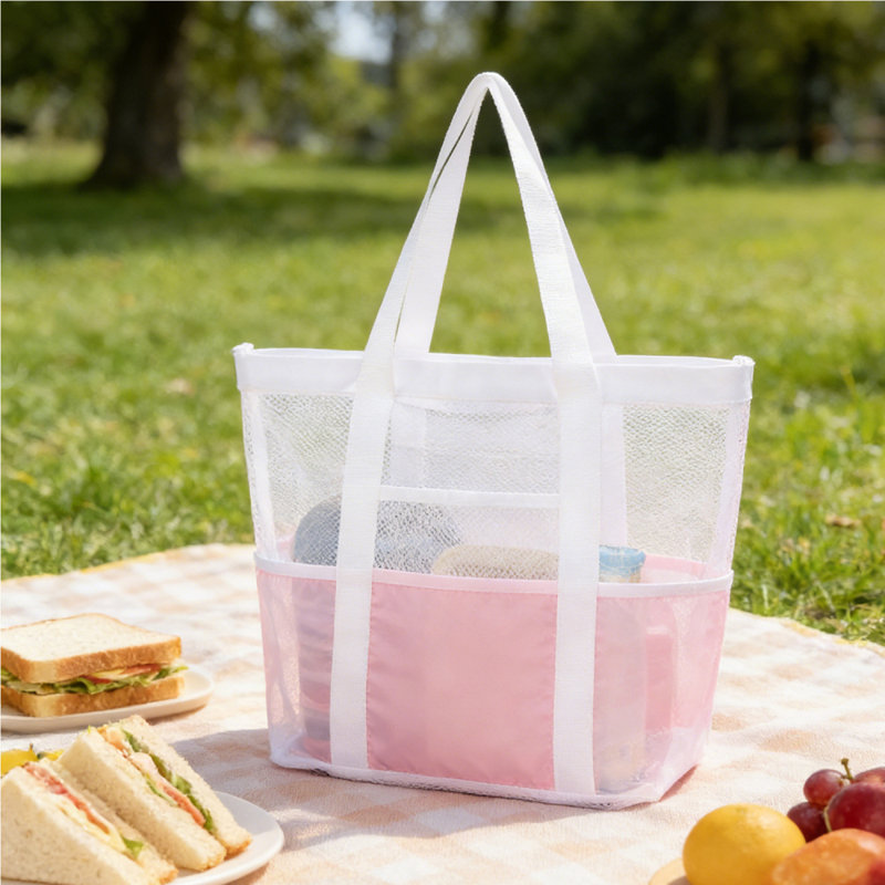 1Pcs Large Mesh Beach Tote Bags for Sand Toys, Family Travel, Grocery, Reusable Shopping, White