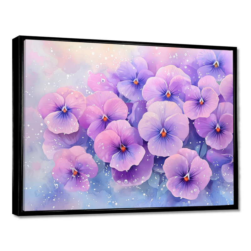 Morning Dew of Violets Flowers II - Violets, art mural, H 24 po x l 32 po, Floater Framed Print, Noir