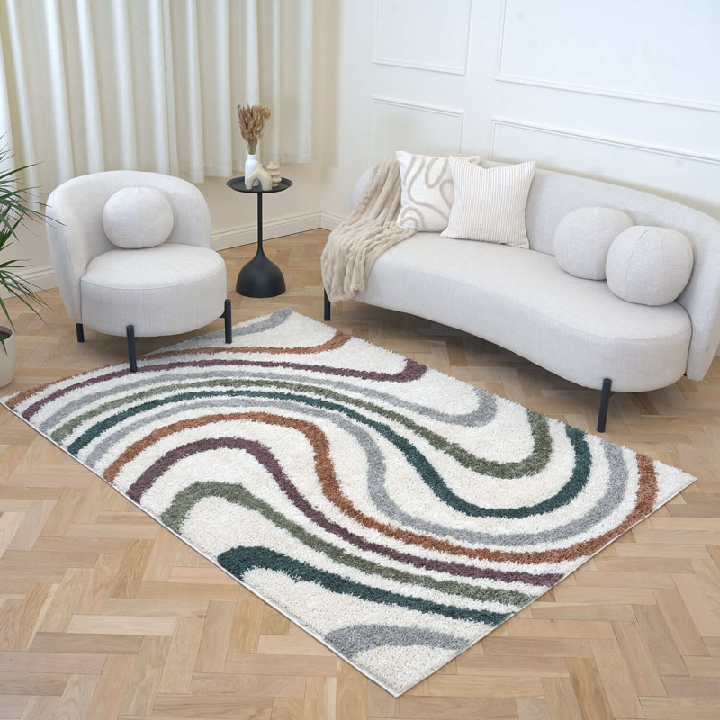 Moodi Modern Shaggy Area Rug Abstract Wavy Line Design, Rectangle 120 x 170 cm, Off-White/Multicolour