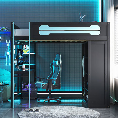 Wood Loft Bed with Integrated Desk, Open Wardrobe, Shelving, and Customizable RGB Lighting for Gaming and Study.