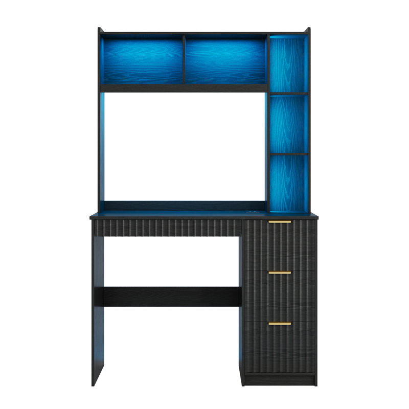 4-Drawer Computer Desk with Bookshelves and Led Lighting, Home Office Desk with Charging Station, Black