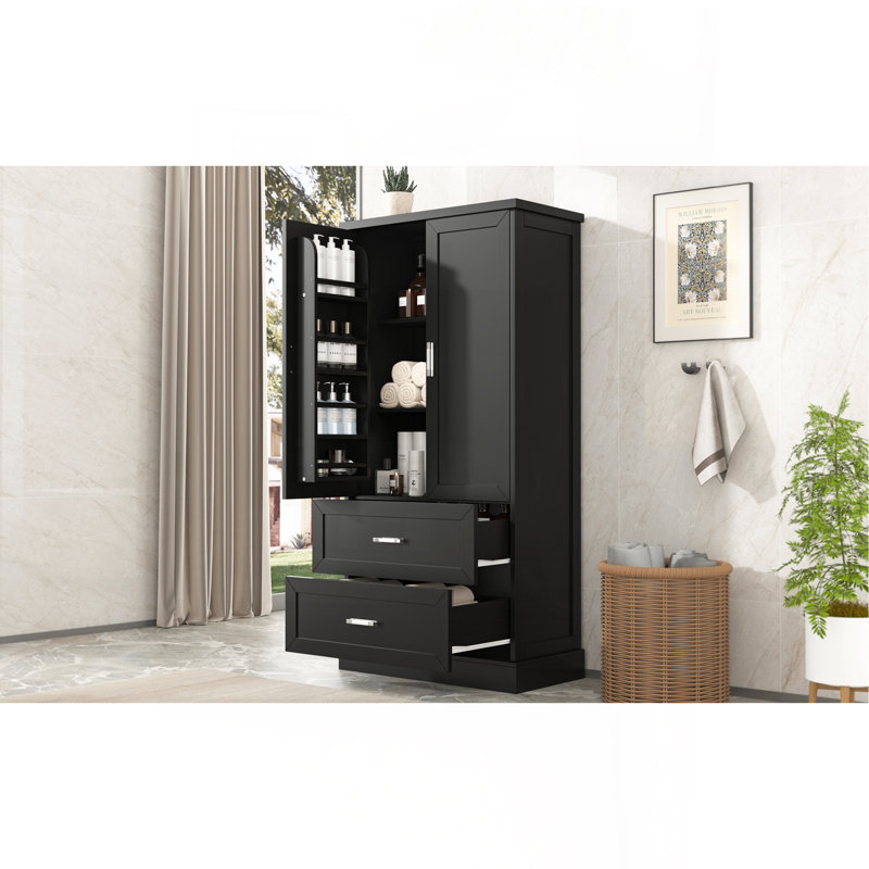 Tall Bathroom Storage Cabinet, Cabinet With Two Doors And Drawers, Adjustable Shelf, MDF Board, Black