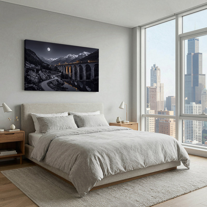 «Night Train on Stone Viaduct Under Full Moon», art mural sur toile, L 58 po x H 28 po