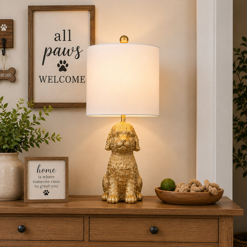Resin Doodle Dog Table Lamp With Linen Shade, Gold