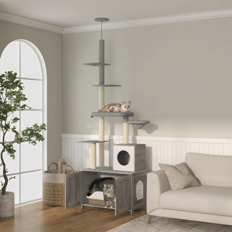 Cat Tree With Litter Box Enclosure, 2 In 1 Floor To Ceiling Cat Tower Litter Box Furniture With Condo, Bed, Hammock, Scratching Posts, And Platforms For Indoor Use, Grey