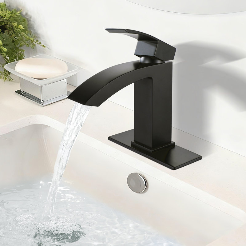 Robinet de lavabo de salle de bain moderne à un trou à poignée simple avec drain optionnel, Noir mat, Avec drain