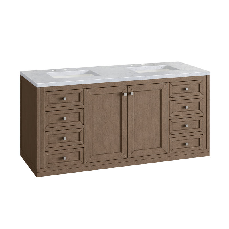 Chicago 60'' W Double Vanity, Walnut Whisper, Carrara White, 8" Widespread