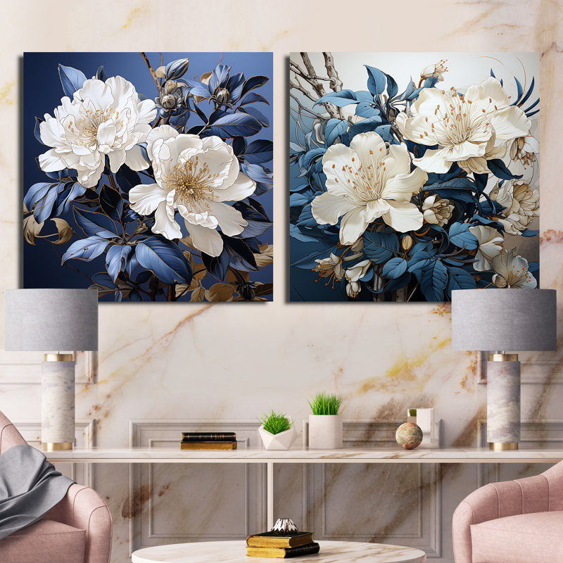 Minimalisme - Bouquet de rhododendrons - Ensemble de 2 collages rhododendrons carrés, H 16 po x l 33 po, Toile tendue