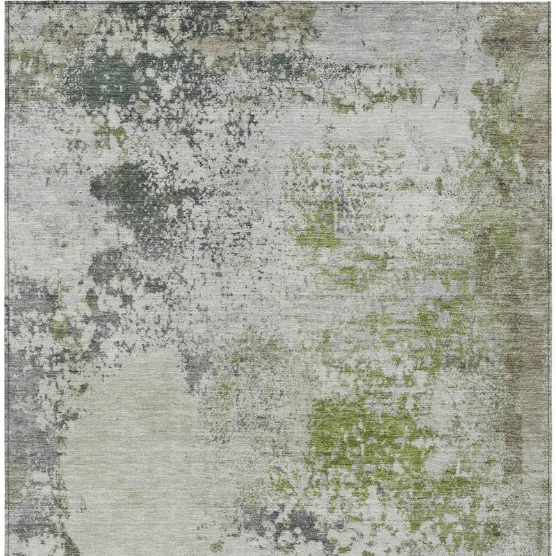 3' X 5' Linen Fern Green And Beige Abstract Washable Indoor Outdoor Area Rug