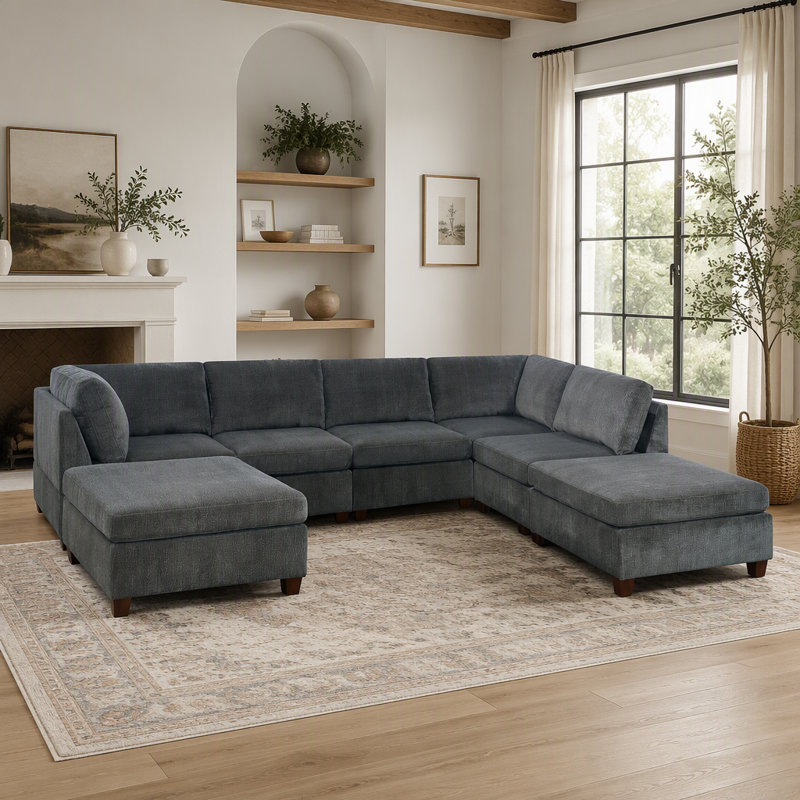 Ensemble modulaire en U en chenille gris 7 pièces avec coin d'angle, fauteuils sans accoudoirs et repose-pieds