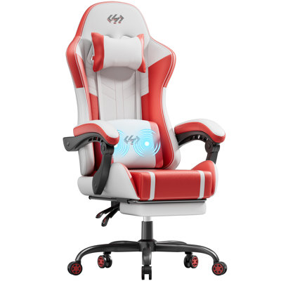 Adjustable Gaming Chair with Massage Lumbar Support, Swiveling PC & Racing Game Chair with Footrest & Headrest, Ergonomic PU Leather Computer Chair for Adults & Teens,White and Red