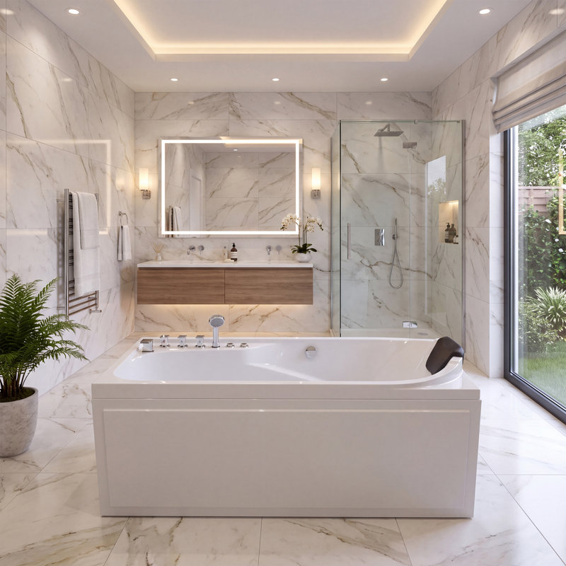 Baignoire tourbillon en acrylique 67 pouces avec 8 jets, drain central, capacité de 660 livres, blanc