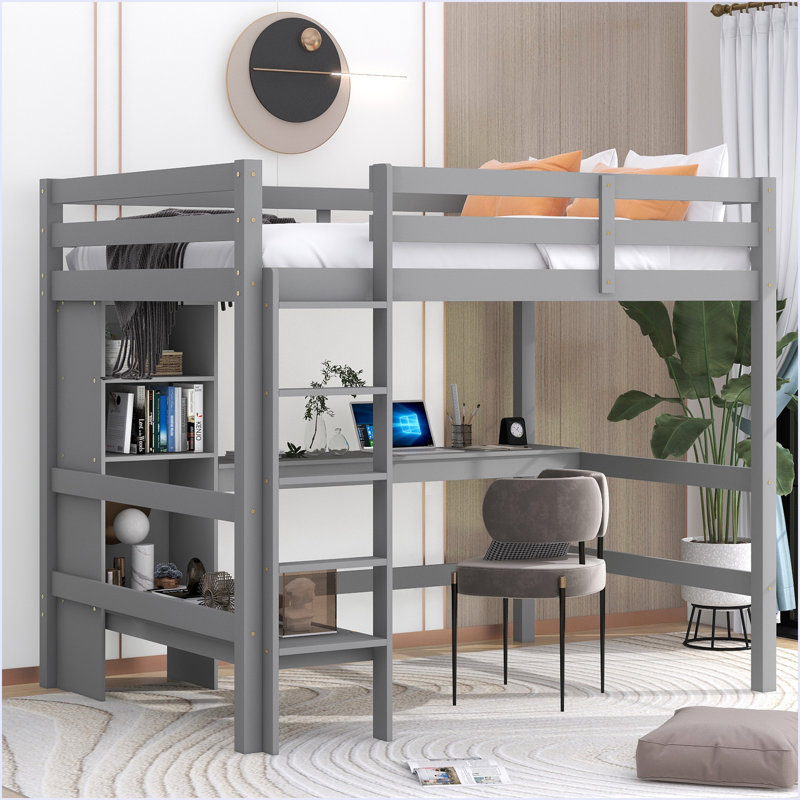 Lit mezzanine double avec tablettes multifonctionnelles et bureau sous le lit