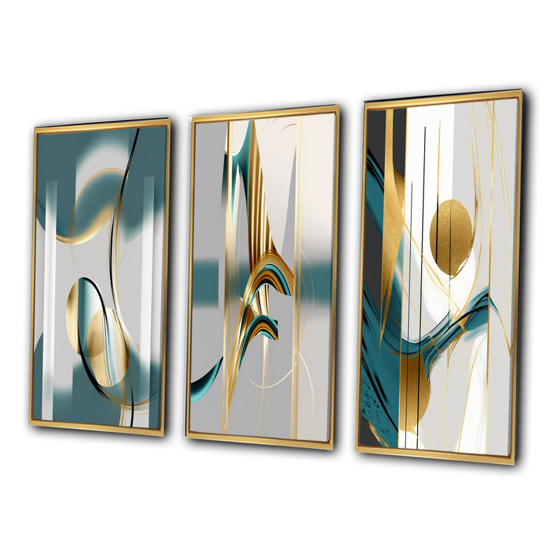 «Pleine lune or et turquoise minimalisme I», 3 pièces sur toile, Cadre flottant doré, H 40 po x l 60 po