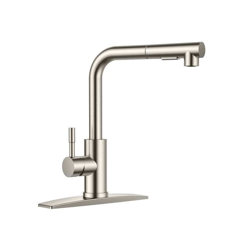 Robinet de cuisine rétractable à poignée simple avec plaque de pont, poignées et conduites d'alimentation, Nickel brossé