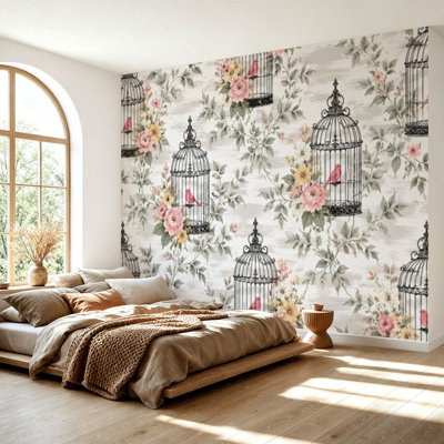 Wall Mural Peel and Stick Wallpaper Seamless vintage flowersbird bird cage Self-Adhesive Removable Contact Paper Wall Decor for Living Room Bedroom 69"H x 96"W