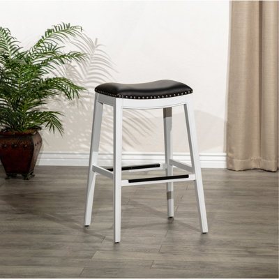 Tabouret 30 ", finition blanche, siège en cuir noir