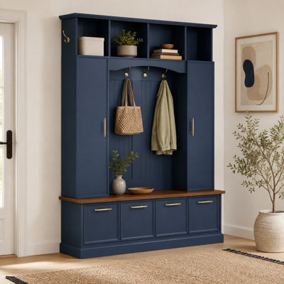 77" Farmhouse Hall Tree with Bench, 8 Gold-Tone Hooks, Adjustable Shelves & Flip-Down Shoe Storage, 4-in-1 Entryway Organizer