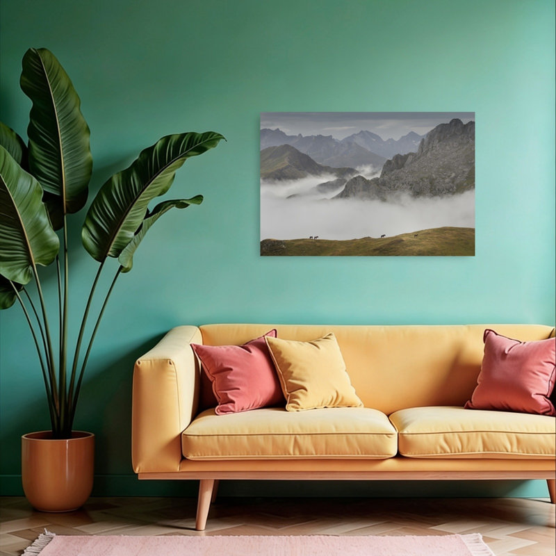 Wild Horses Mountain Fog Dramatic Peaceful Serene Horse Landscape Mountain Wall Art Print 1 Piece Wrapped Canvas Wall Art