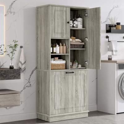 Tall Storage Cabinet with Adjustable Shelves, Large Flip-Out Basket & Enclosed Cabinets – Perfect for Bathroom, Living Room, or Office, MDF Material with Aluminum Alloy Handles