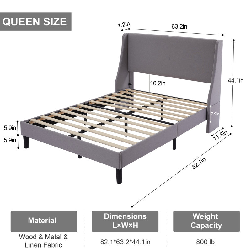 Queen Size Linen Bed Frame with Wingback Headboard, Upholstered Wing Side Queen Platform Bed with Wooden Slats Support, USB Ports, No Box Spring Needed, Noise Free