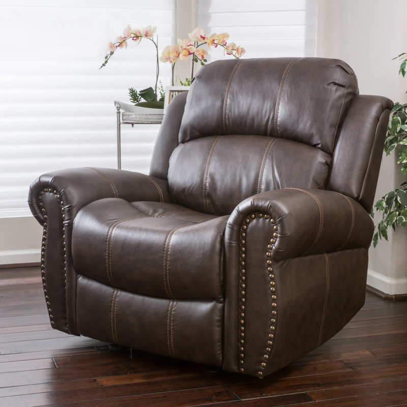 Faulks Manual Glider Recliner with Nailhead Trim, Brown Faux Leather