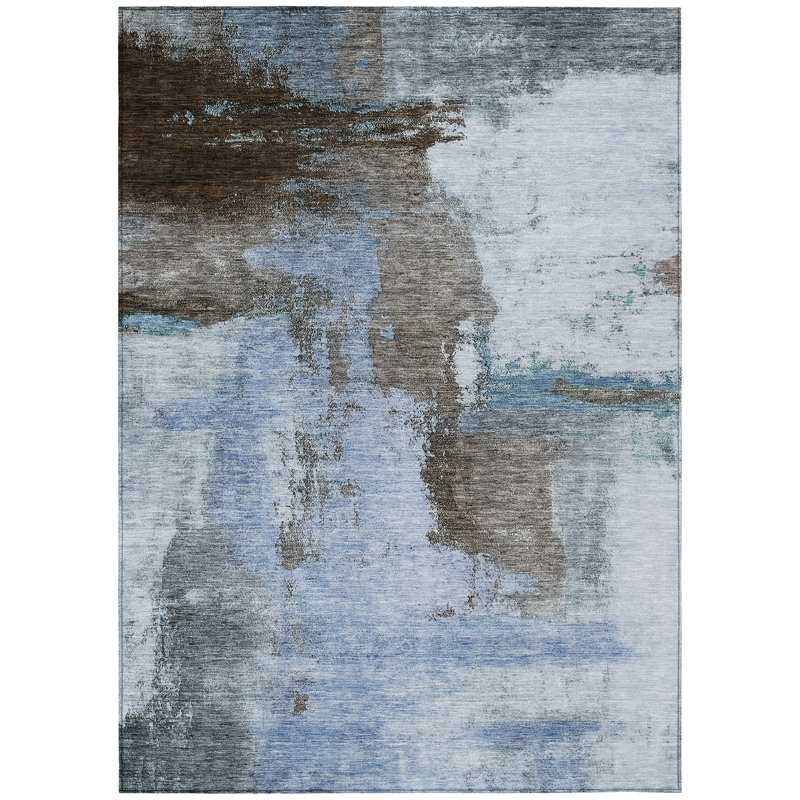 Blue Abstract Washable Synthetic 3' x 5' Area Rug