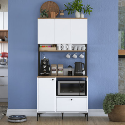 Kitai Modern Multi-Purpose Cabinet, White & Walnut Finish, 71.5 x 15.0 x 75.0 inches | 100% Melamine Coated E1 Quality Chipboard, 0.7 inches Thick | Numerous Shelves & Wall-Mountable, Ideal for Scandinavian Home Décor