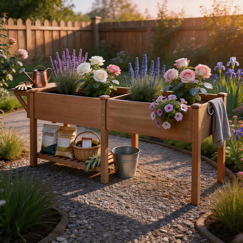 81" Large Raised Garden Bed with Legs, Elevated Planter Box with Liner, Side Table, Storage Shelf & Hanging Hooks for Vegetables & Herbs