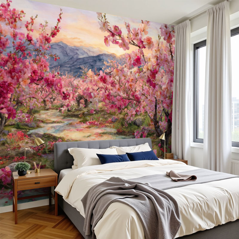 Papier peint adhésif à motif de pétales de cerisiers flottants impressionnistes, H 100 po x l 144 po, papier peint amovible en PVC, adhésif mural pour chambre à coucher, bureau à domicile