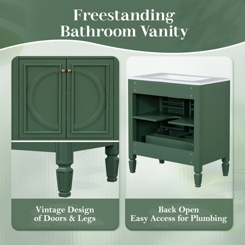 Meuble-lavabo double autoportant de 60 po de largeur avec charnières à fermeture douce, tablettes réglables et tiroirs, Vert