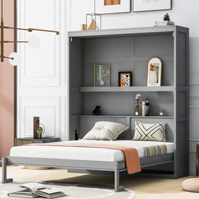 Grand lit mural gris avec tablettes spacieuses, support de matelas pour un repos confortable, rangement à deux couches de qualité industrielle, chambres d'amis idéales et mécanisme de pliage facile à utiliser