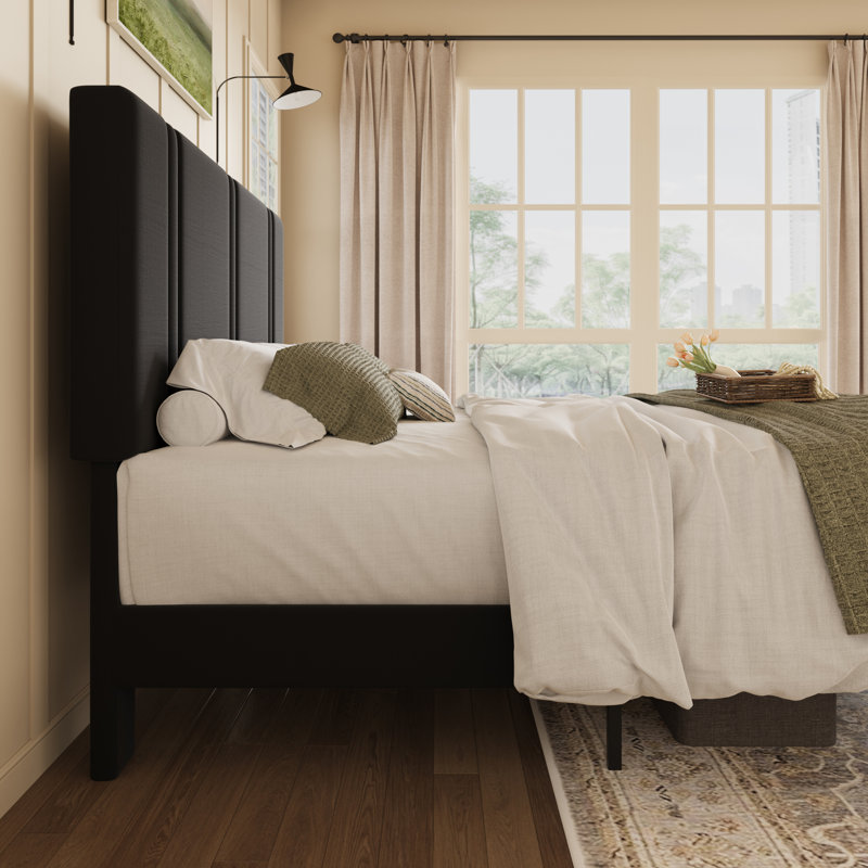 Modern Low-Profile Velvet Upholstered Platform Bed Frame With Headboard, Black, Queen