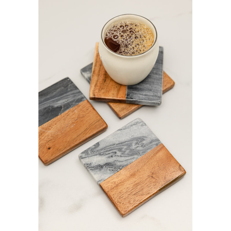 Ensemble de sous-verres en marbre et bois LuxeDesigns - Sous-verres 4 pièces antidérapants, marbre et bois de qualité supérieure pour un décor élégant, moderne et rustique - Sous-verres durables pour la maison, les événements et les cadeaux de pe