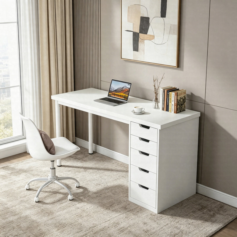 Bureau d'ordinateur 47 po à 5 tiroirs, bureau compact à domicile avec rangement, Blanc